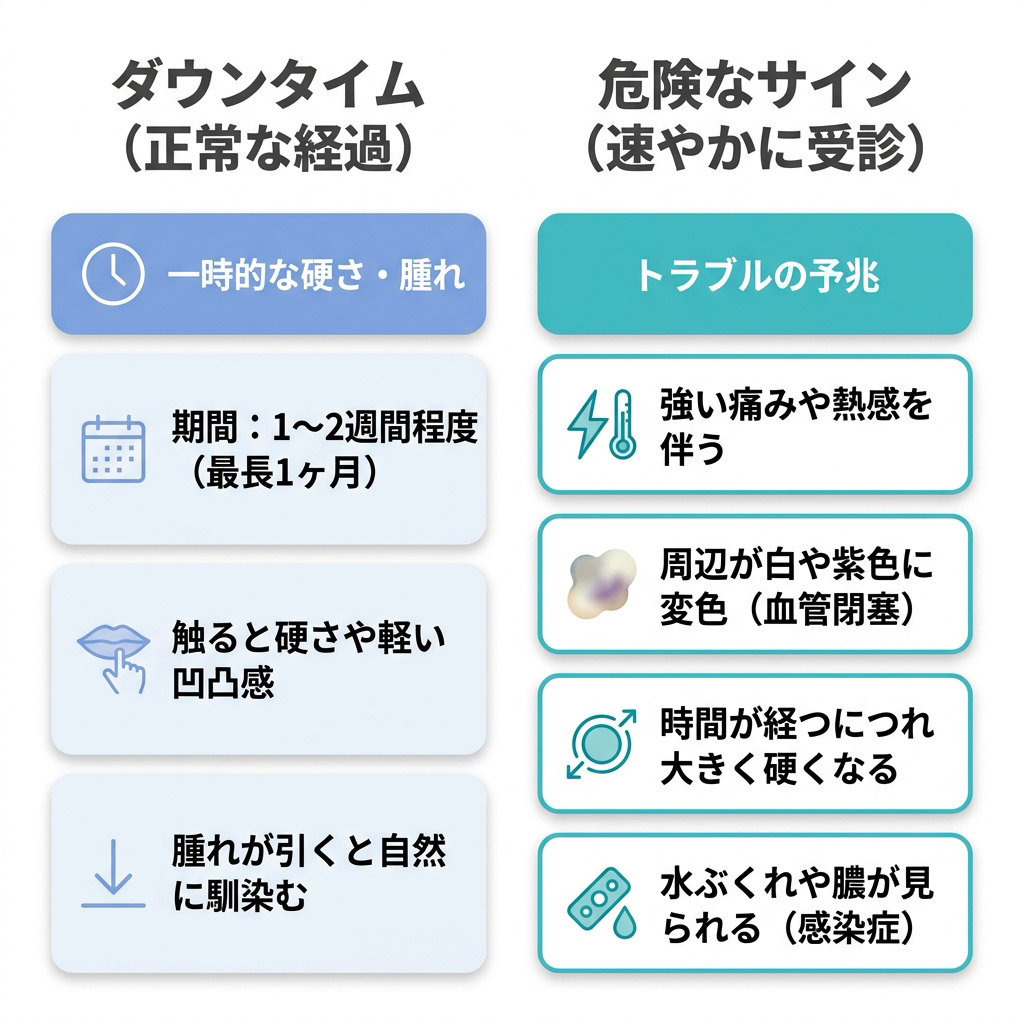 唇ヒアルロン酸後の経過と、受診の目安をまとめた説明図