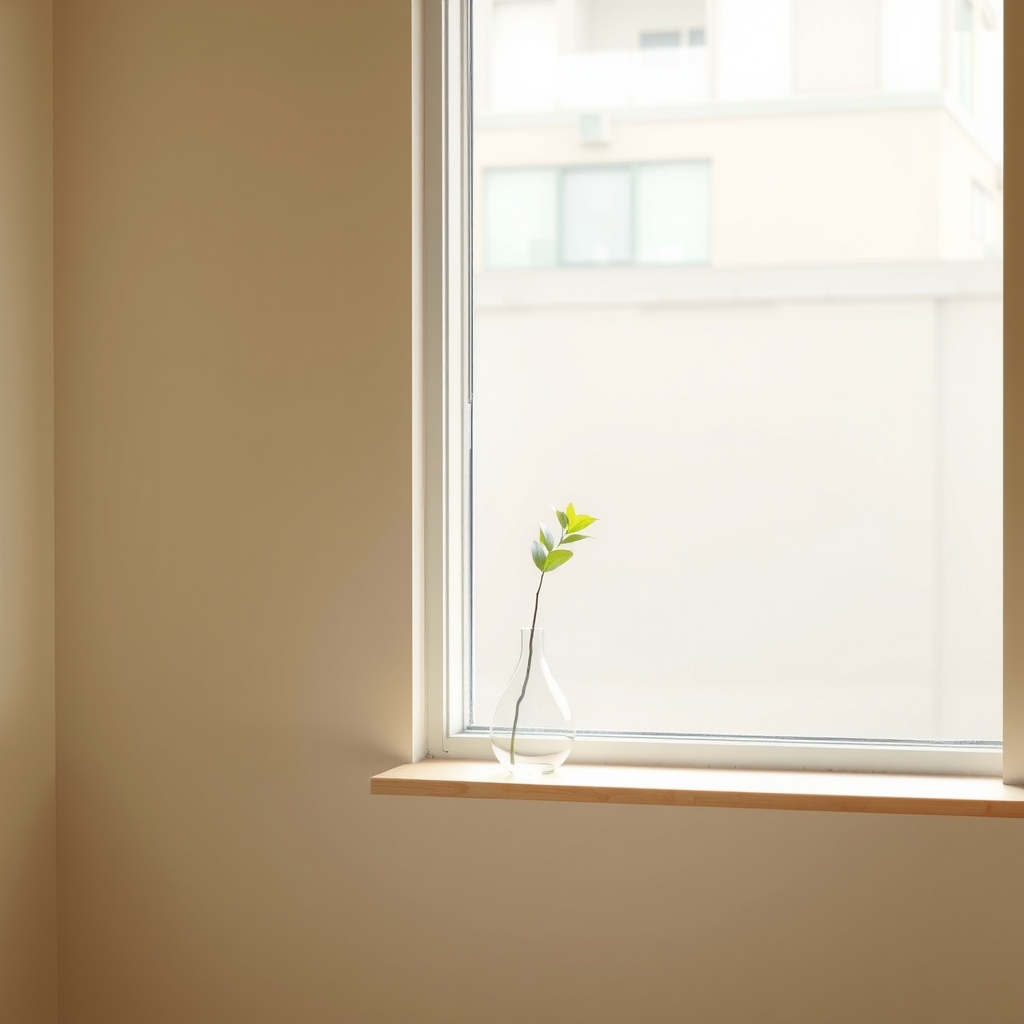 窓辺に置かれた小さな花瓶と一枚の葉