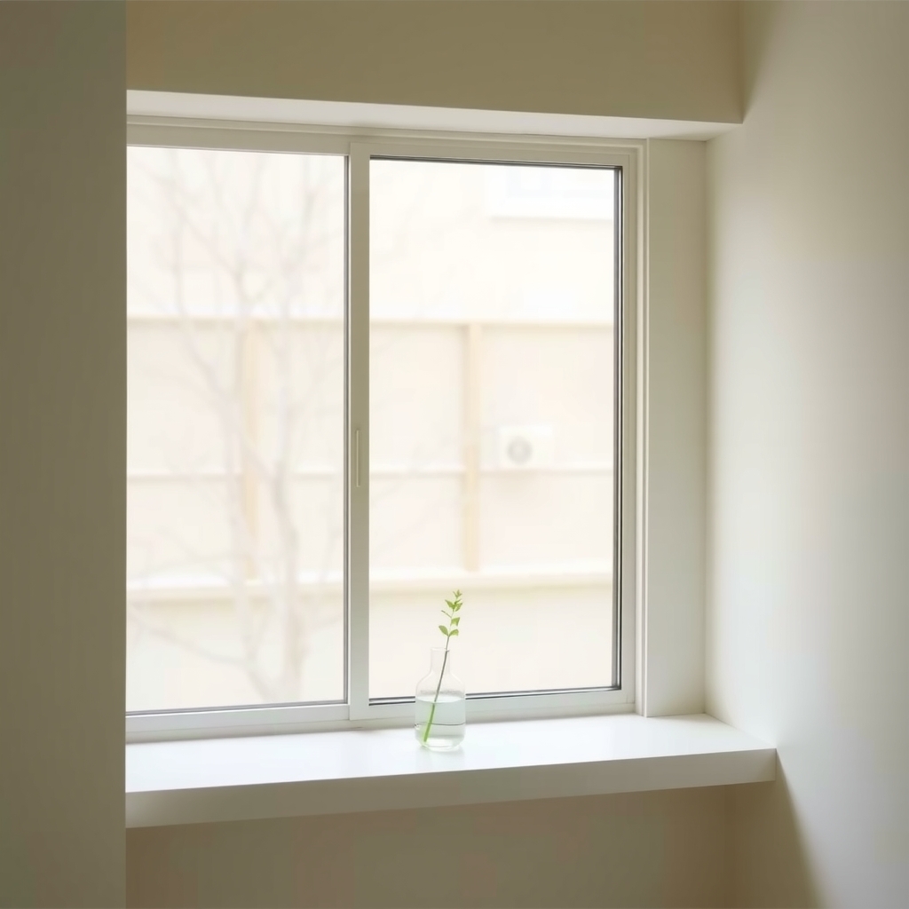 窓辺に置かれた小さな花瓶と一枚の葉