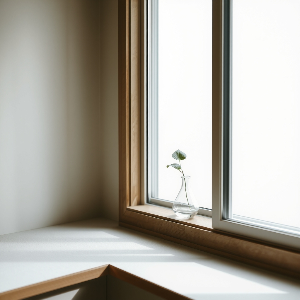 窓辺に置かれた小さな花瓶と一枚の葉